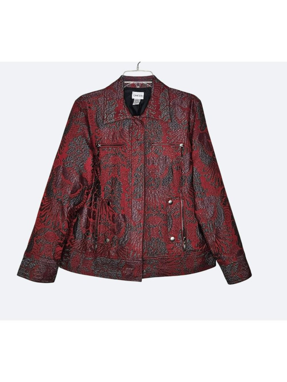 Whimsigoth Vampy Red Jacquard Tapestry Jacket Paisley Chico’s Size 2 L Red Black